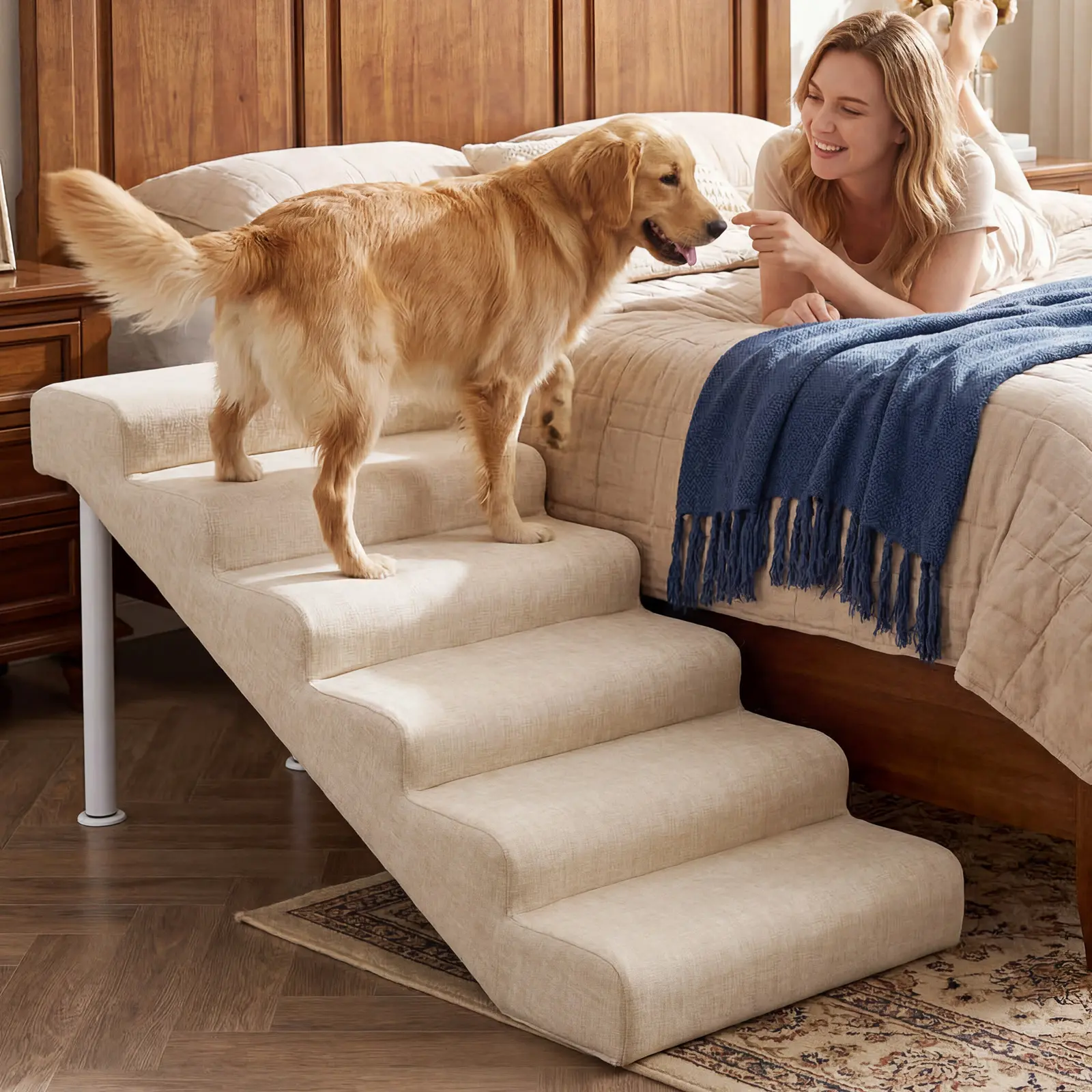 SLSY Foam Dog Stairs Ramp - Adjustable, Anti-Slip Bottom, Gentle Slope, Easy to Move, Waterproof, PE Support Board, Washable Removable Cover for Small/Senior Dogs (Holds Up to 150 lbs) - For High Beds, Couches