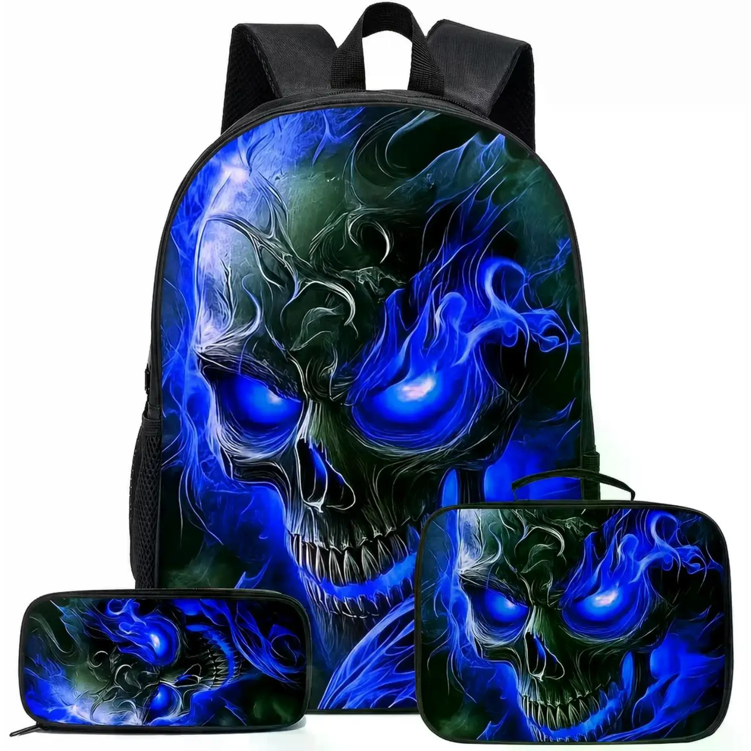 "Blue Flame Skull 3-Piece Backpack Set: Gothic School Bag with Lunch Bag and Pencil Case for Kids & Teens"