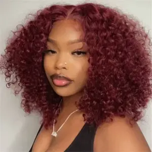 99J Colored Curly Deep Water Wave 13X4 Lace Front Wigs Preplucked Burgundy Red Short Cut Bob Frontal Wig 100% Human Hair 14 Inch Happy Monday