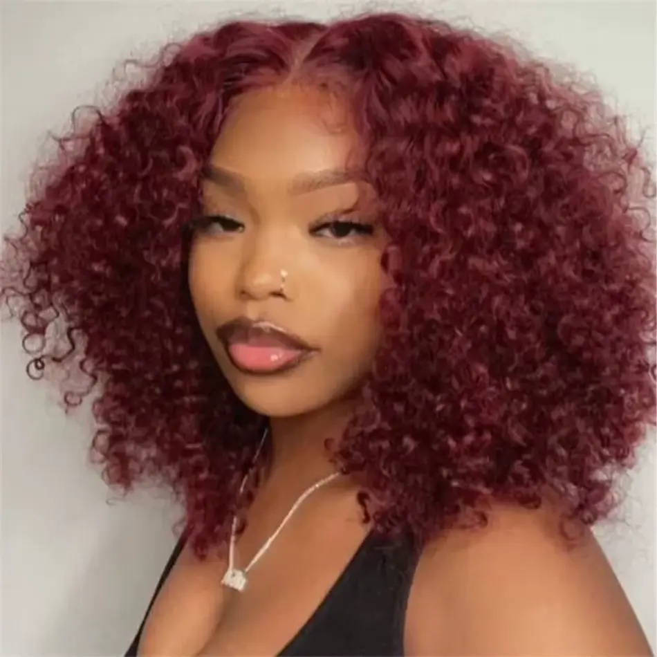 99J Colored Curly Deep Water Wave 13X4 Lace Front Wigs Preplucked Burgundy Red Short Cut Bob Frontal Wig 100% Human Hair 14 Inch Happy Monday