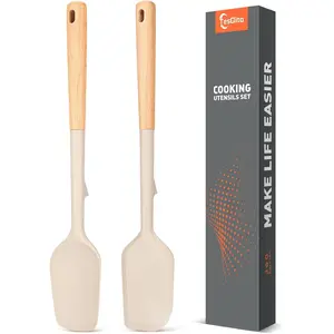Large Silicone Rubber Spatula Scrapers 14" with Long Wood Handle,Heat Resistant,Durable, Essential Baking Tools for Mixing, Folding, Scraping,Spreading for Nonstick Cookwares,Pack of 2 (Khaki)