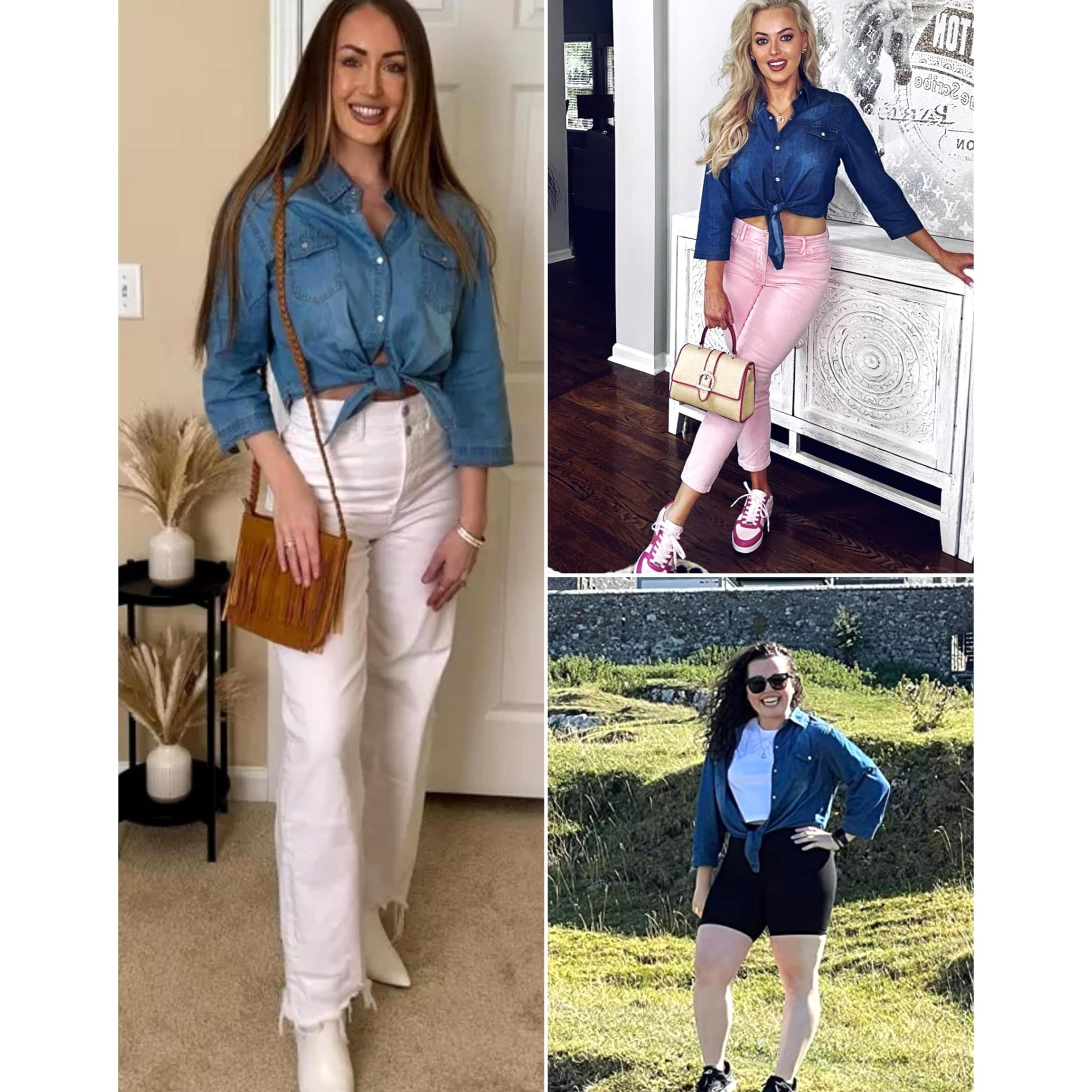 Buenoble Women’s Denim Button-Down Shirt 3/4 Sleeve Cropped Tie Waist Western Shirt Casual Trendy Fashion Top SpringStatements