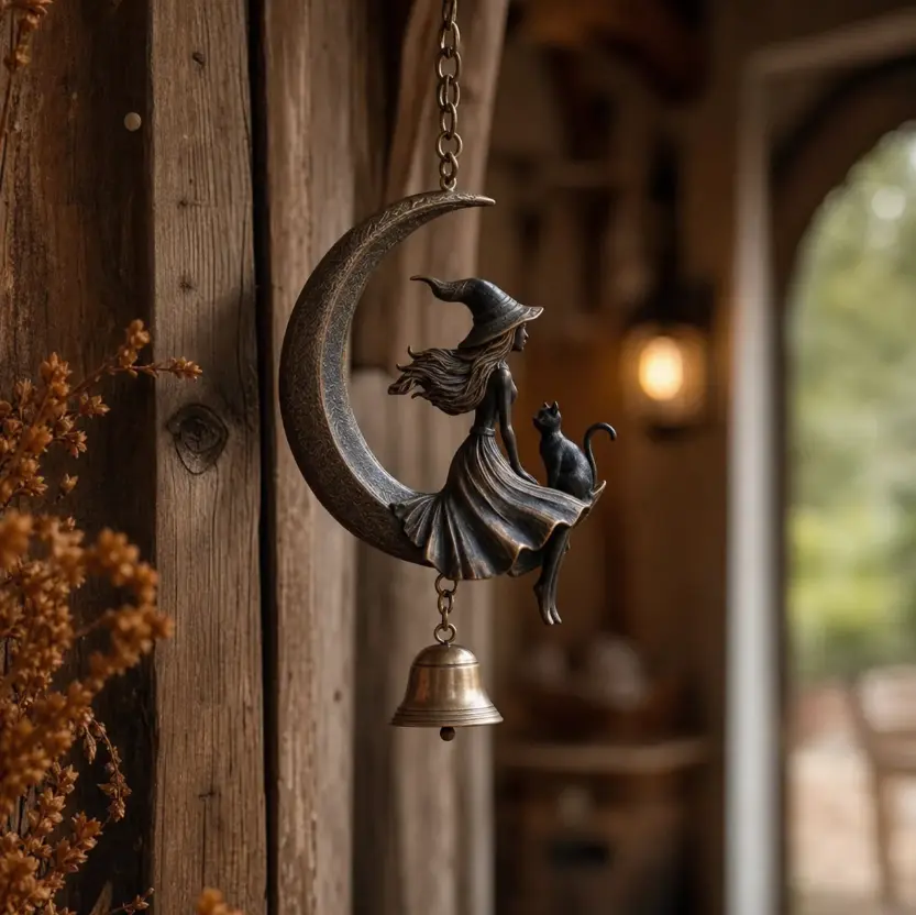 Gothic Witch and Cat on Crescent Moon Metal Wind Chime, Celestial Art Hanging Ornament, Boho Wall , Halloween Gift for Home &  Sculpture Displays garden decor supply statue funny decoration