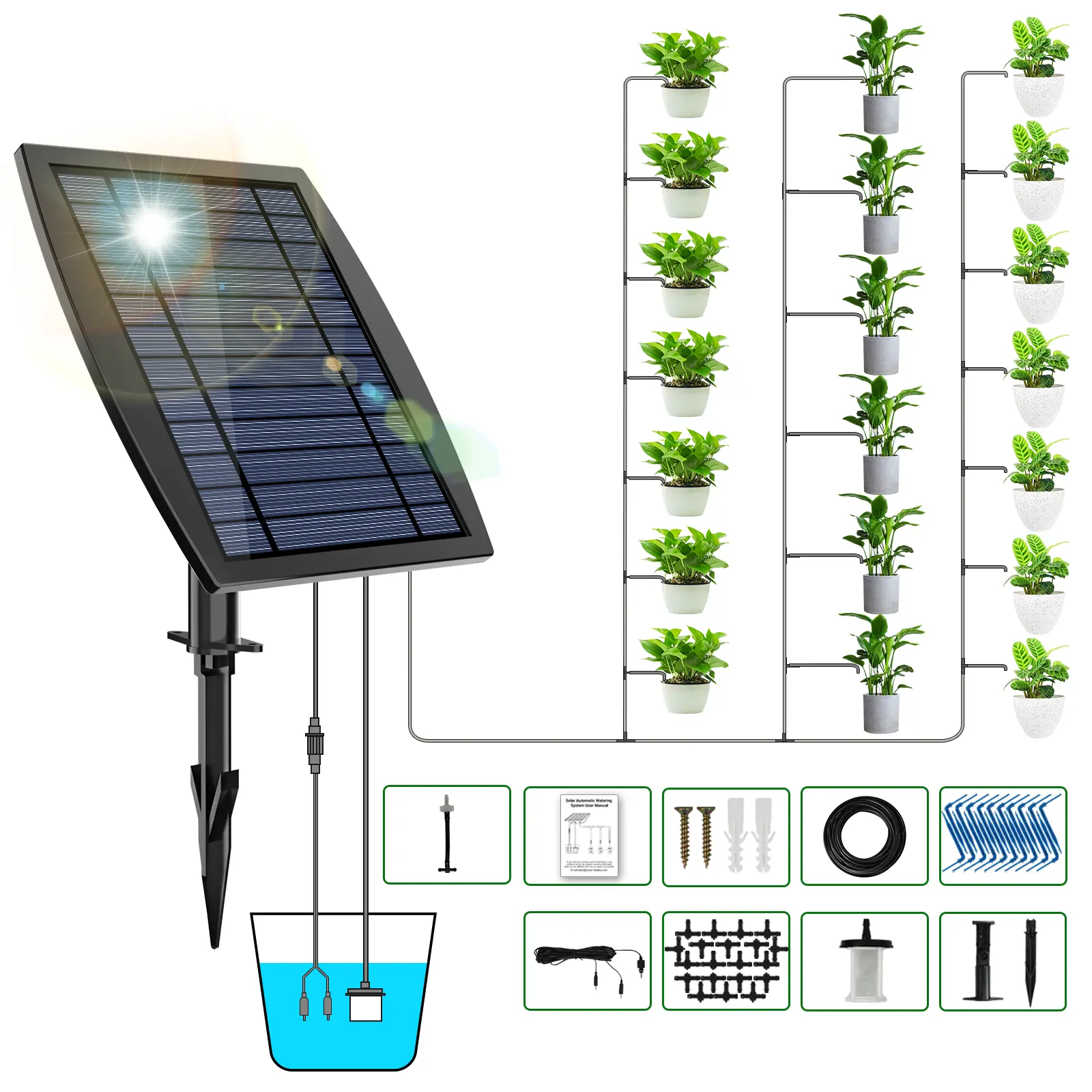 Solar Drip Irrigation Kit - 20 Pots Watered, Automatic Watering System for Garden, Shed, Deck, Balcony, Vacation Mode, DIY Layout Freedom, Ideal for Busy Plant Lovers, Diy Setup In Minutes