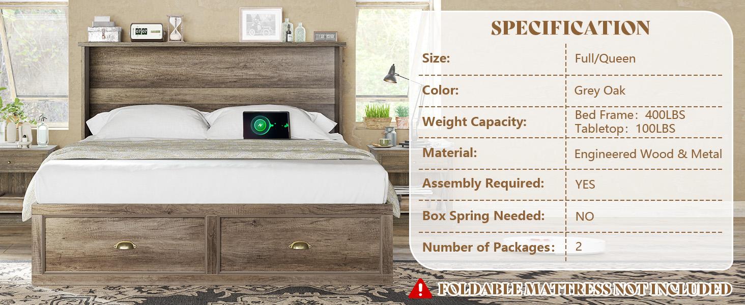 [Ships in 2 Boxes] VanAcc Murphy Bed, Farmhouse Cabinet Bed Frame with Charging Station and Storage Drawer for Bedroom/Office/Guest Room