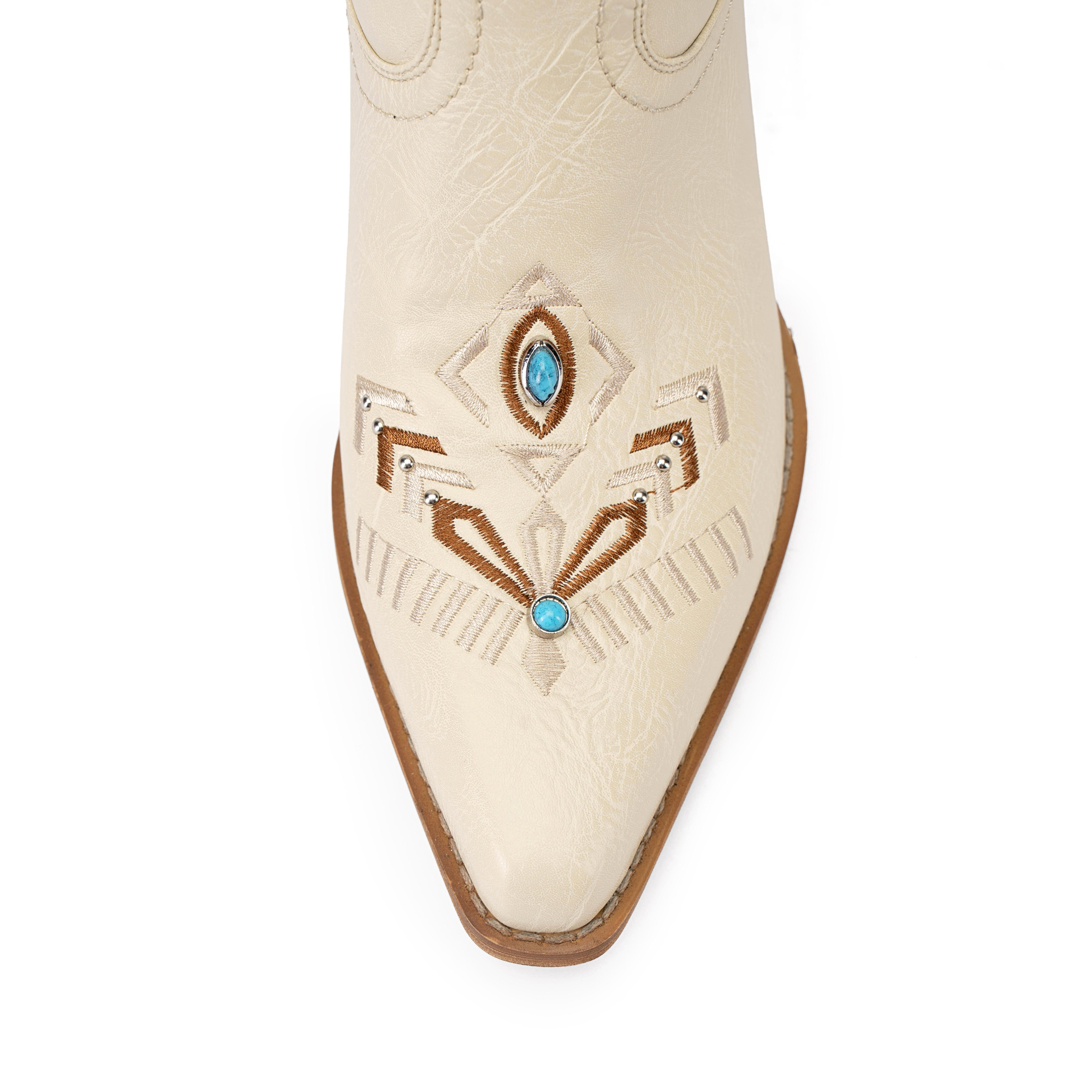 ReneChristine Women's Embroidery Western Cowboy Boots with Studs & Emerald Gemstones, Knee High Wide Calf Cowgirl Boots for Gatherings Weekend Hangouts Black Leather fur boots knee high boots boots for fall thigh high boots brown boots cowgirl boots Sprin