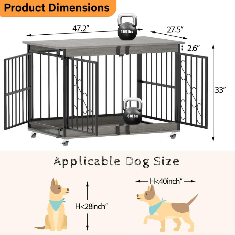 【TreasureFinds】COZPAW Dog Crate Furniture 48 Inch Wooden Dog Crates for Medium/Large Dogs, Three Doors, House Dog Cage with Lockable Wheels (Gray)