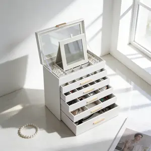 BOOVO 6-Tier Large Jewelry Box Organizer with Transparent Window & Mirror, Anti-Tarnish Velvet Lining Jewelry Case, Minimalist PU Leather Vanity Storage, Light Luxury Gift for Her