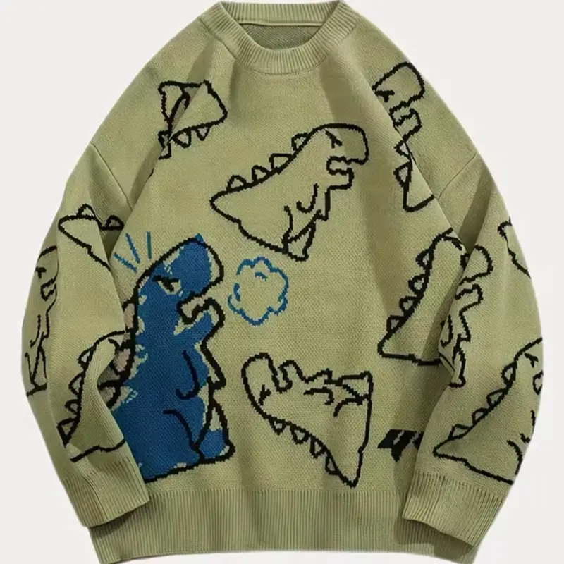 New Trendy Round Neck Long Sleeve Dinosaur Sweater, 1 Count Lounge Loose Crew Neck Jumper for Fall & Winter, Casual Knit Clothing for Daily Wear Knitwear Tops Crewneck Classic
