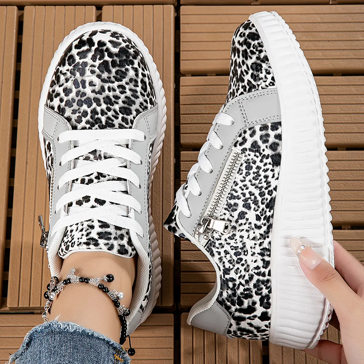 Women’s Retro Leopard Print Patchwork Casual Sneakers, Thick Platform Sole for Height Boost, Hot Girl Style, Everyday Wear, Date Night, Commuting, All‑Season Skate Shoes