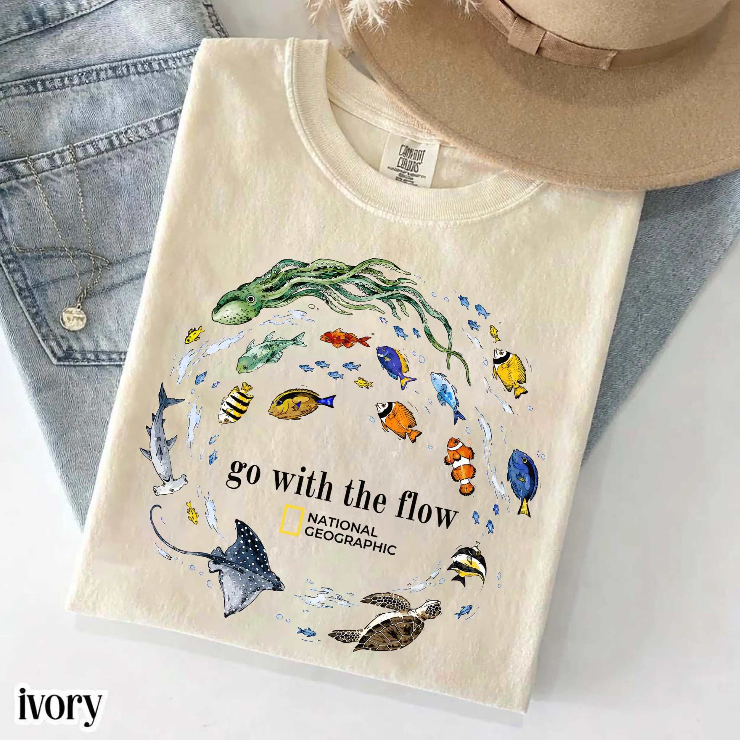 Comfort Colors Marine Animals Go With The Flow Y2k Graphic Tee, Ocean Nature Sea Turtle Fish Gothic Grunge Unisex T-Shirt - Perfect Gift for Fans