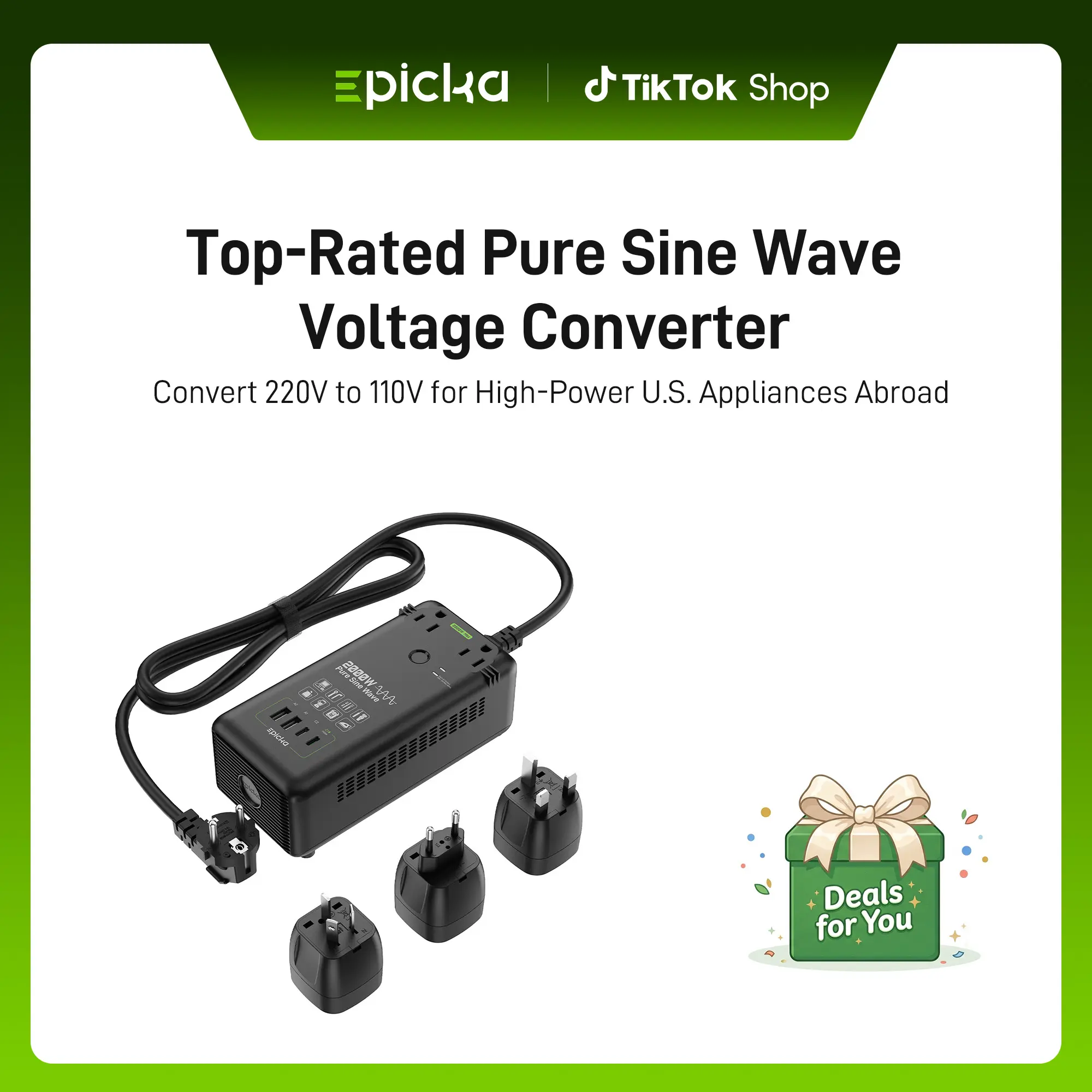 EPICKA 2000W Pure Sine Wave Voltage Converter, 220 to 110 voltage converter, Multifunction Adapter Sockets with Protection, AC Outlets & Adapter Set Sockets for Travel Use, converter for hair dryer