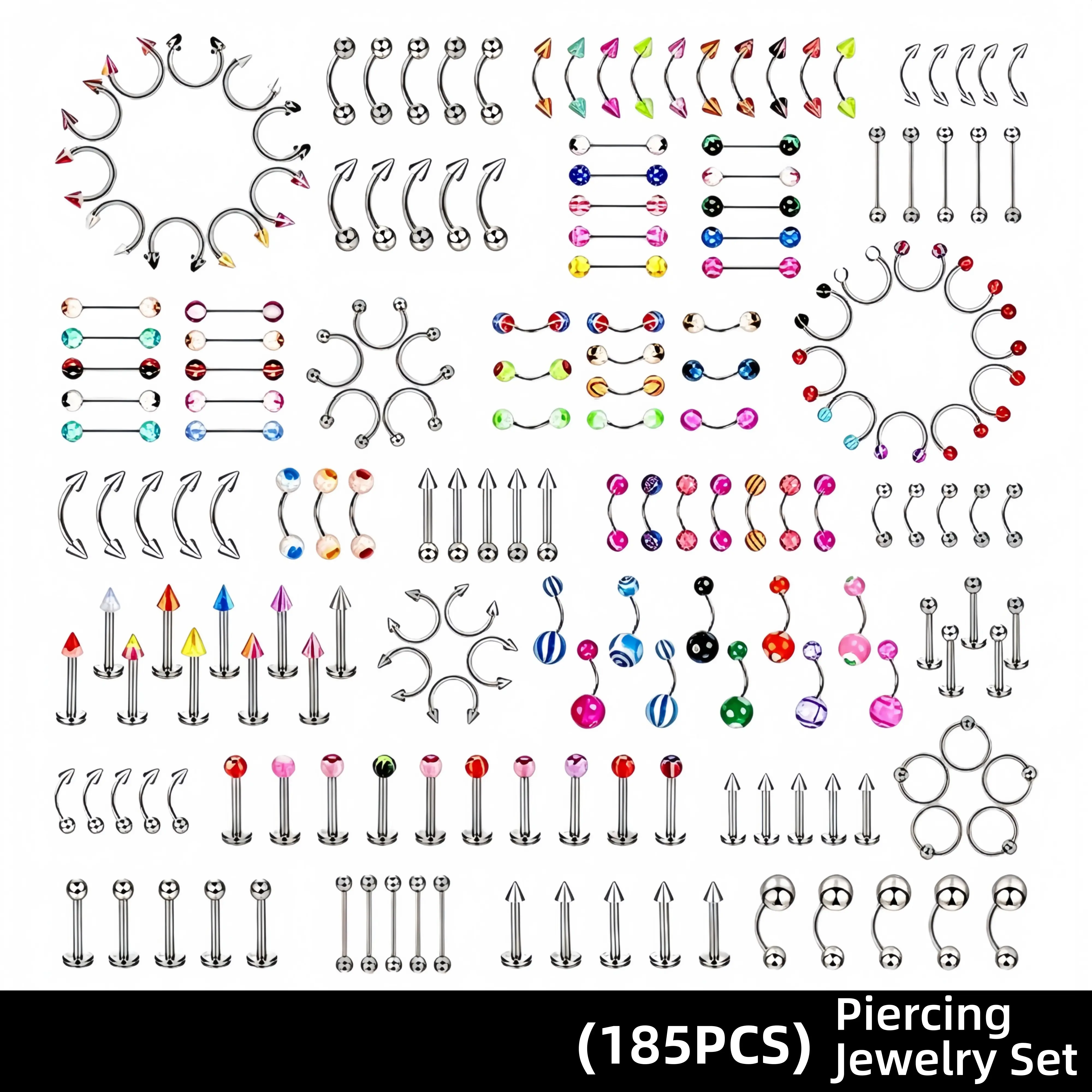 185pcs Body Piercing Jewelry Set - 14g-18g Nose Studs, Labret Studs, Helix Cartilage Piercing Pieces, Gems Nose Ring, Tongue Nipple Eyebrow Lip Belly Button Barbells for Women’s Classic Piercings, Classic Piercing Jewelry