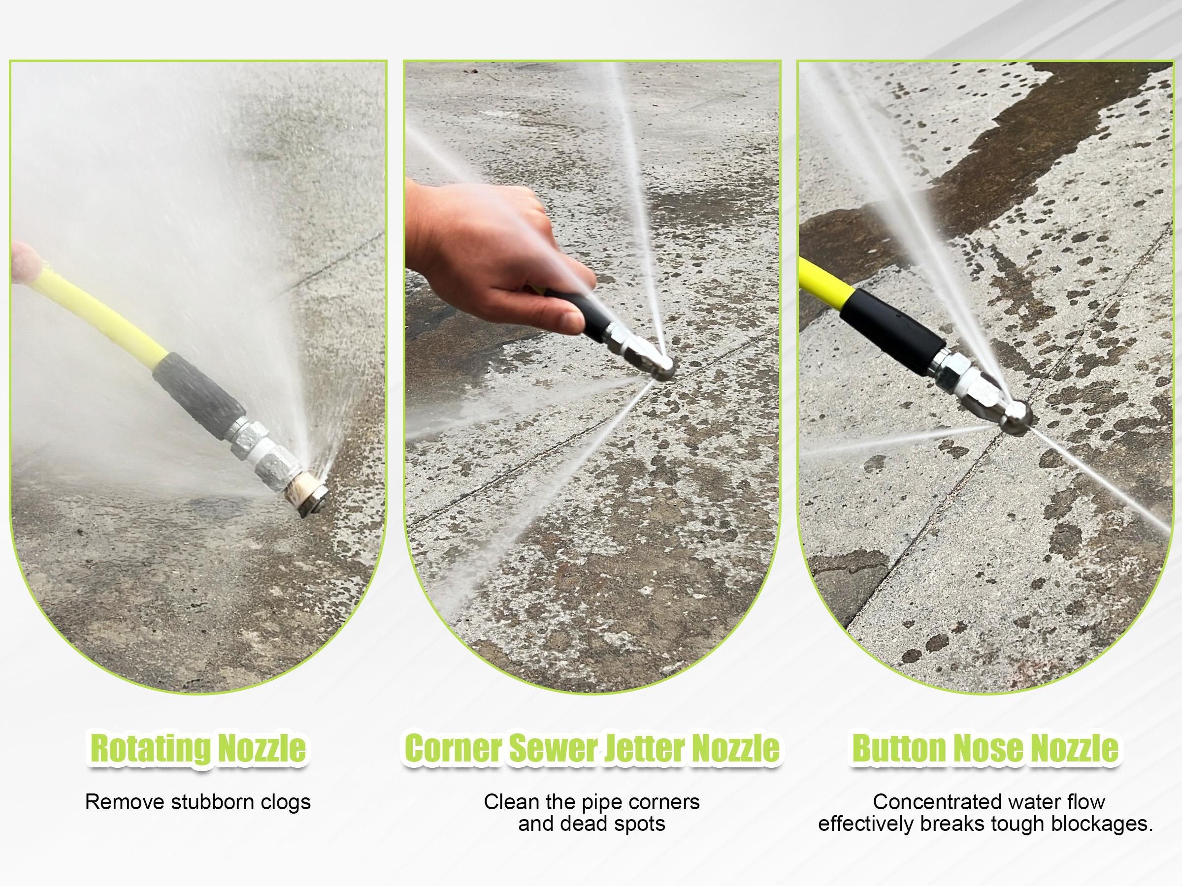 M MINGLE Sewer Jetter Kit for Pressure Washer 50 FT, Drain Cleaner Hose with Power Washer Wand, 1/4 Inch NPT Corner Rotating and Button Nose Sewer Jetting Nozzle, Orifice 4.0, 4.5