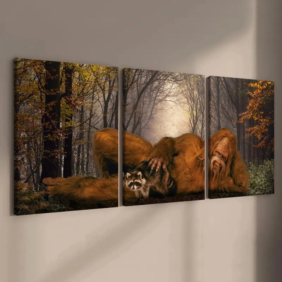 Wooden Framed Canvas Painting, 3 Counts/set Sasquatch & Animal & Tree Pattern Wall Art, Decorative Wall Art, Artwork, Modern Wall Decor for Home Living Room Bedroom Office, Modern Home Decoration, Animal Design