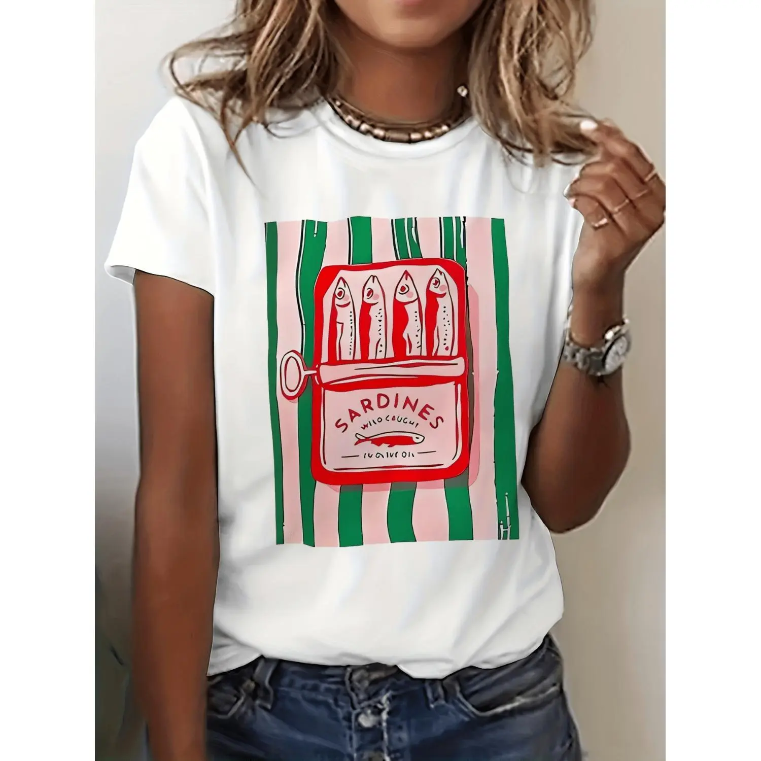 Women's Sardines Fish Retro Graphic T-Shirt - Short Sleeve Crew Neck Casual Summer Top with Sardine Can Art Print, Non- Fish Design for Beach Outfits & Casual Attire, Machine Washable Comfortable Fit