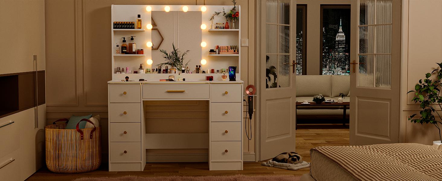 Dresser with Mirror, 3-Color Adjustable LED Lights & Power Outlets Makeup Vanity with 9 Drawers & 6 Storage Shelves For Bedroom & Dressing Room (White)