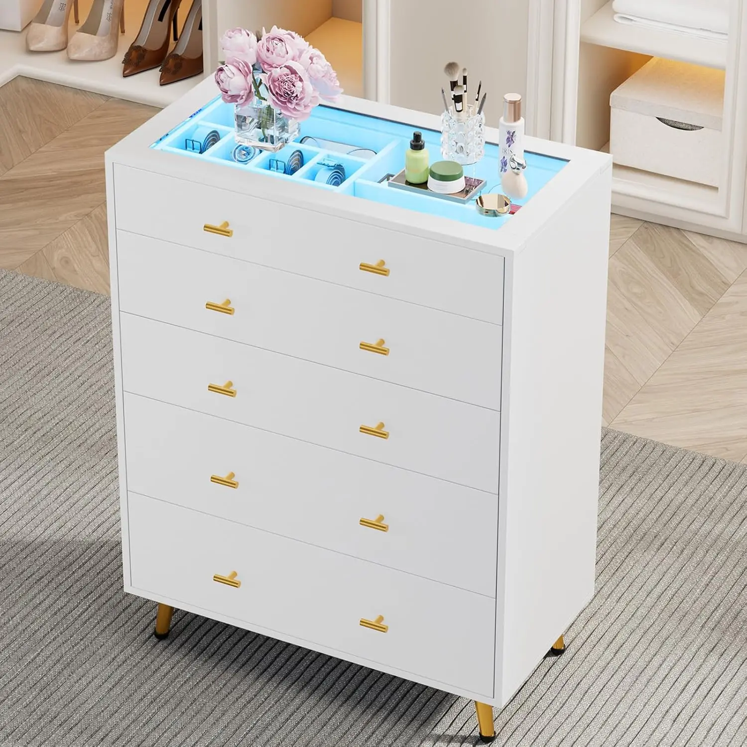 5 Drawer Dresser for Bedroom, 30.7" W x 38" H Tall Tempered Glass Top Dresser with LED Lights and Jewelry Dressers Display, Modern Chest of Drawers for Bedroom, Closet, Living Room, White