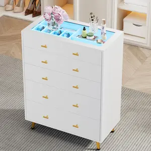 5 Drawer Dresser for Bedroom, 30.7" W x 38" H Tall Tempered Glass Top Dresser with LED Lights and Jewelry Dressers Display, Modern Chest of Drawers for Bedroom, Closet, Living Room, White