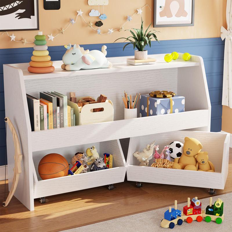 COZPAW Toy Storage Organizer, 2 Tier Montessori Shelf with Movable Bins, Toy Organizers Book Shelf for Kids Room, Playroom, Nursery