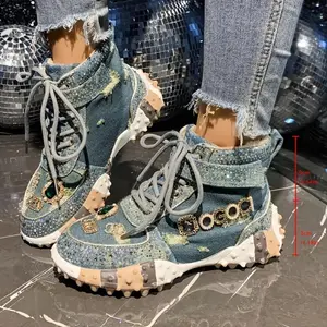 [Rhinestone High-Top Sneakers] Stylish Women's High-Top Sneakers with Sparkling Rhinestone Accents | Lace-Up, Breathable Fabric Upper & Cushioned Insole Handcrafted Details | Perfect Gift for Women, Trendy Footwear, Fashionconscious Buyers