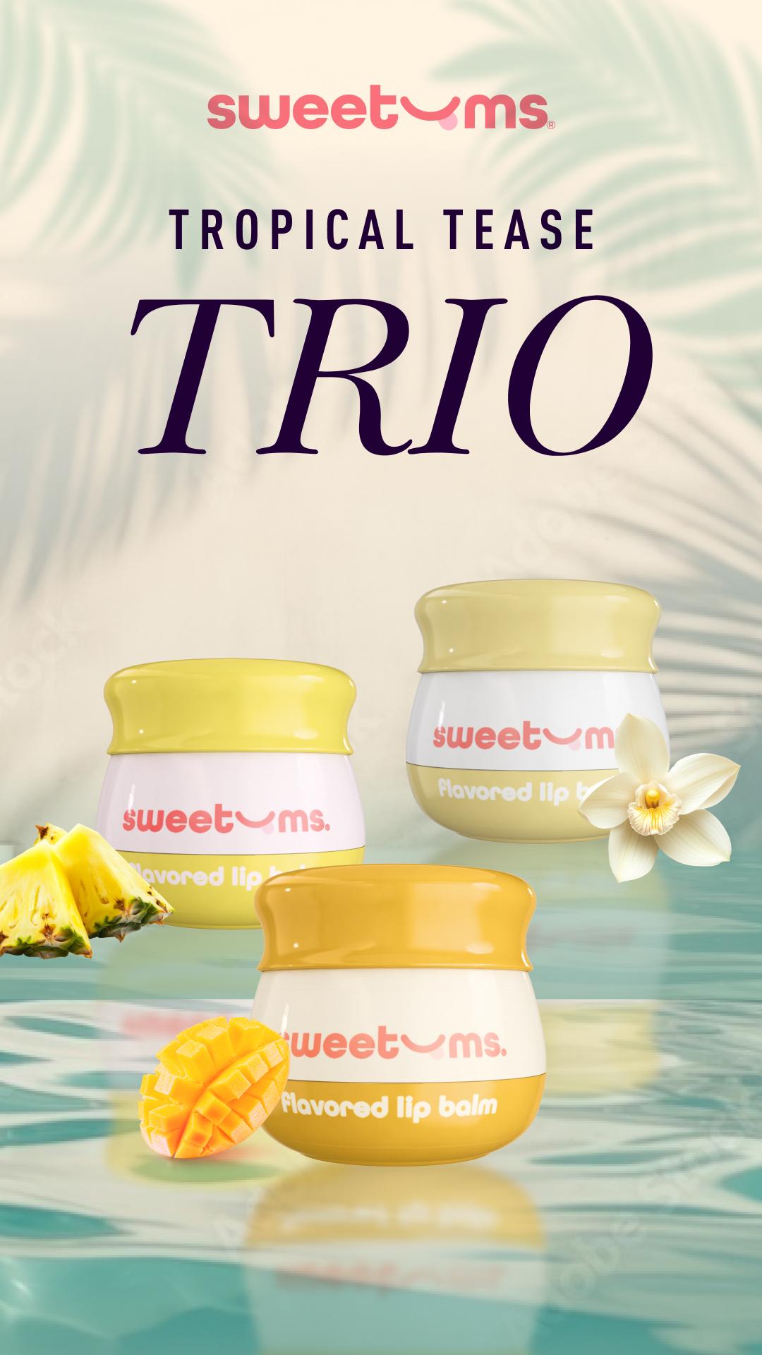 SWEETUMS The Tropical Tease Trio Lip Balm Bundle Vanilla, Mango, and Pineapple buy two get three glossy hydrating jojoba oil