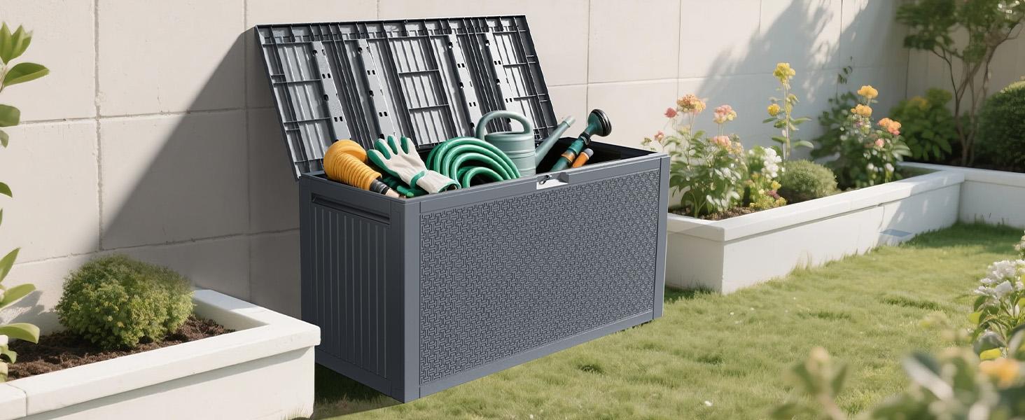 VINGLI 90 Gallon Outdoor Storage Box, Lockable Plastic Storage Containers with Lid, Patio Deck Box Furniture for Garden, Pool, Balcony, Yard
