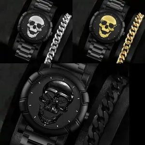 Men’s Quartz Skull Design Stainless Steel Band Wrist Watch (8.7") + Bracelet (9.0")