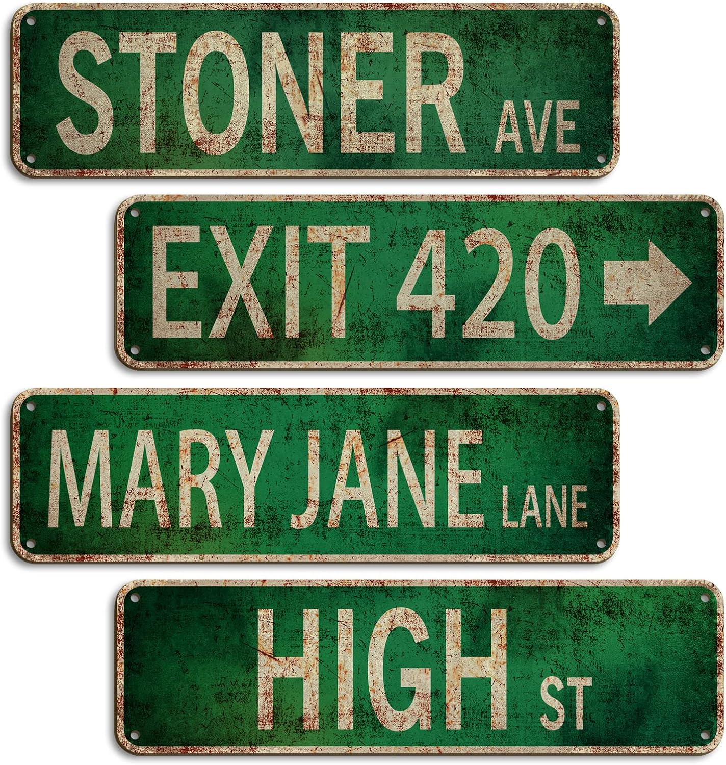 Stoner Avenue Street Sign Set 4 Signs of Exit 420 High St Mary Jane Lane for Room Decor Duplex Printed Anti-Fade Trippy Retro PVC Decor