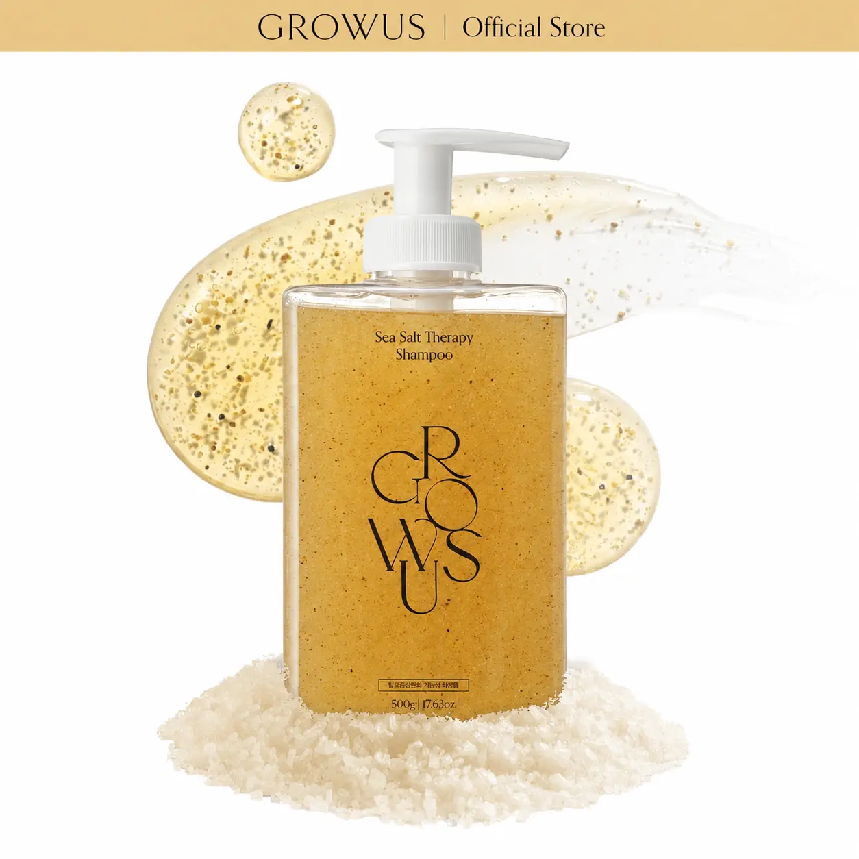 GROWUS Sea Salt Therapy Shampoo (500ml / 16.9 fl. oz.) - Exfoliating Scalp Scrub for Oily Greasy Hair, Deep Cleansing Dandruff & Build-up, Volumizing for Thinning Hair, Refreshing Korean Hair Care