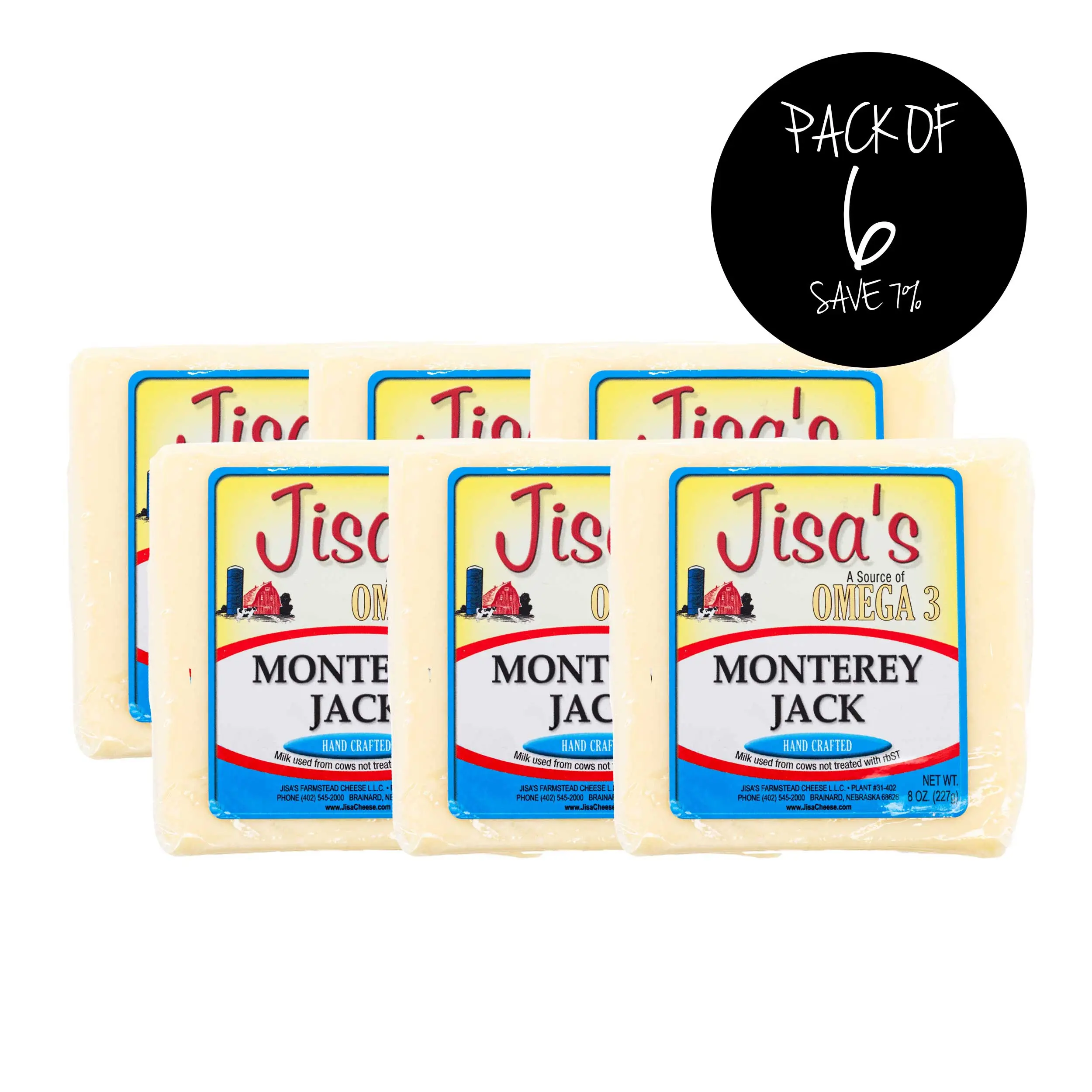 Monterey Jack Cheese Block | Pack of 6 | 8 oz | Jisa's Farmstead Cheese
