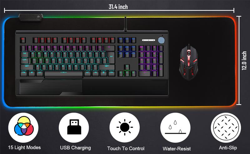 [New Deal]  Large RGB Gaming Mouse Pad -15 Light Modes Touch Control Extended Soft Computer Keyboard Mat Non-Slip Rubber Base