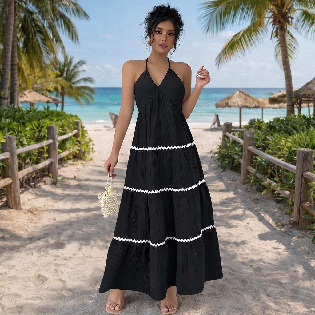 Florboom Women's Halter Neck Backless Maxi Dress Boho Tiered Ruffle Summer Beach Vacation Long Dress