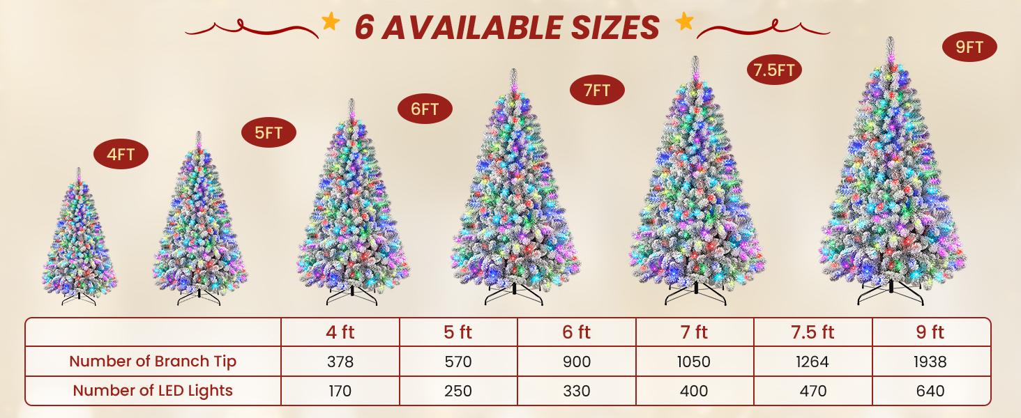 SHareconn 4/5/6/7.5/9/12FT Pre-Lit Snow Flocked Christmas Tree with Remote Control, Deluxe Hinged Design, RGB Led Lights, Ideal Xmas Decoration