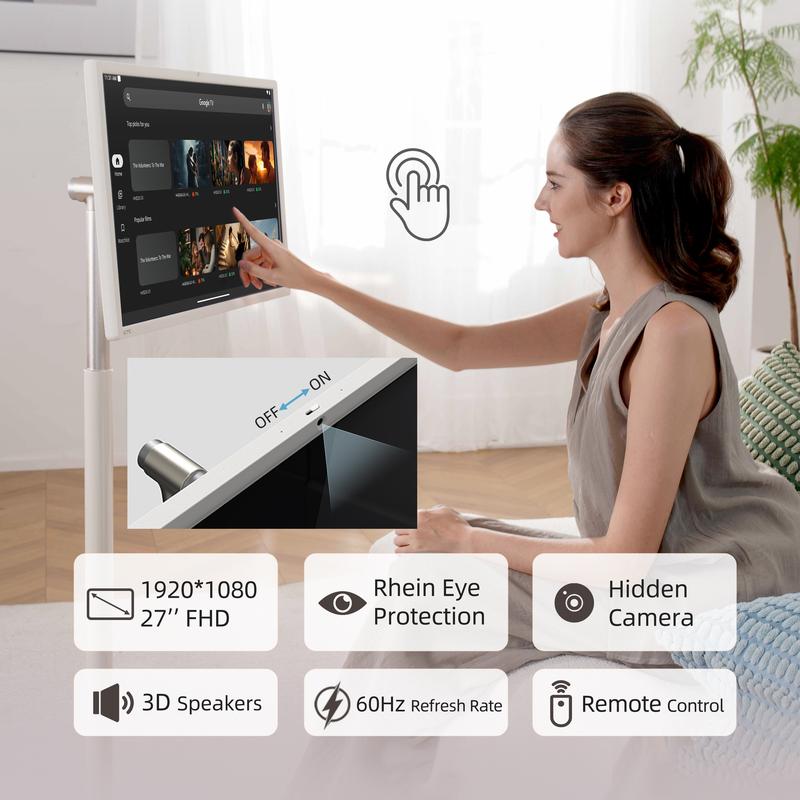 KTC A27Q7 27‘’ Portable Smart Screen, 1080P@60Hz Touch Monitor, Android 14 & Google EDLA Certification, 8GB+128GB, Qualcomm SM6115, with 9500mAh Battery & Wi-Fi 5 Wireless Casting, 4000:1 Contrast, Built-in 8MP Camera and Speakers