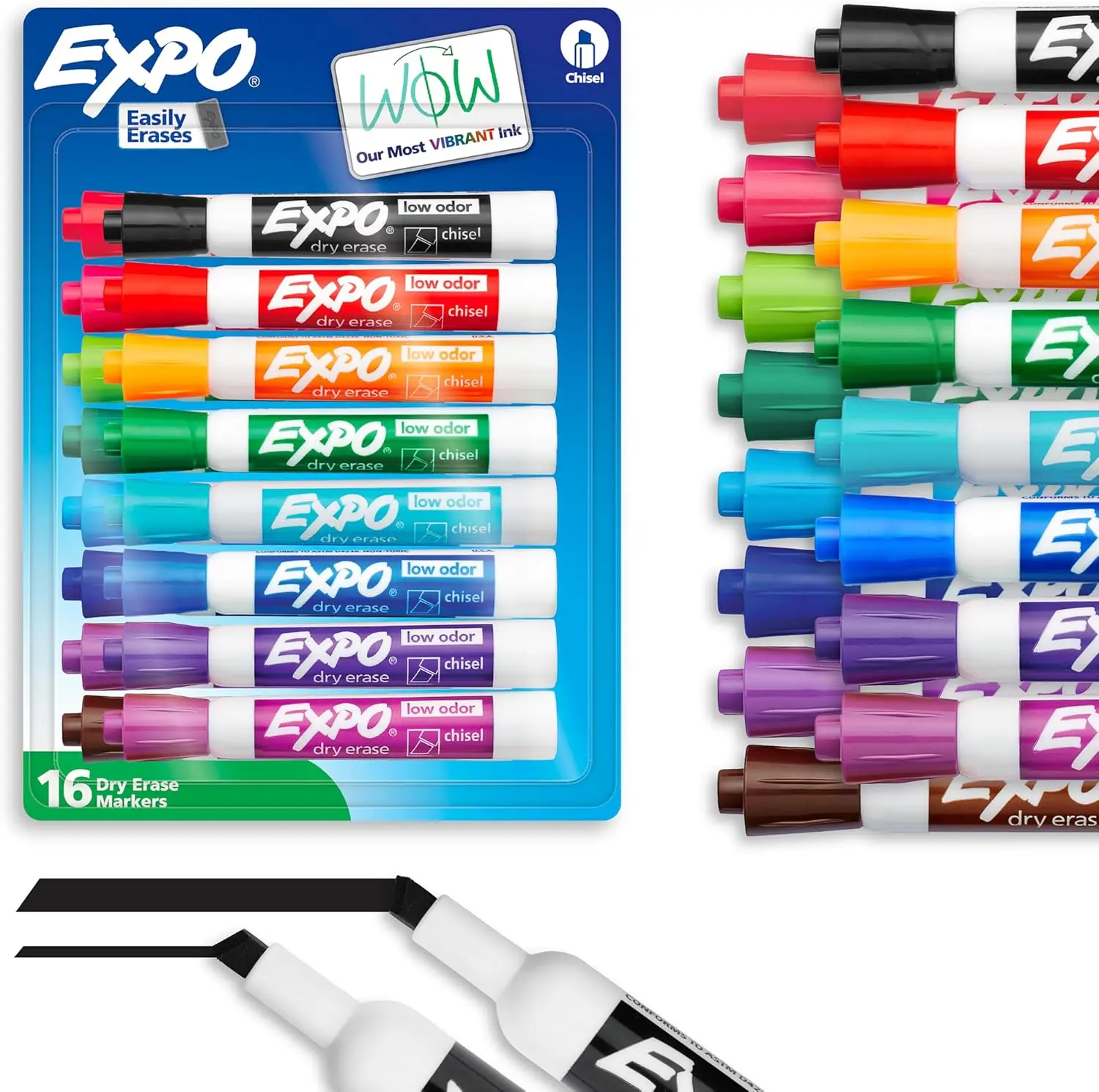 EXPO Dry Erase Markers, 16 Count (Pack of 1), Durable & Quick-Dry Low-Odor Ink, Assorted Colors, Chisel Tip, AP Certified, Fade & Water-Resistant Office Equipment for Whiteboards, Classroom, Homeschooling