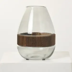Clear Glass Teardrop Vase with Faux Wood Band