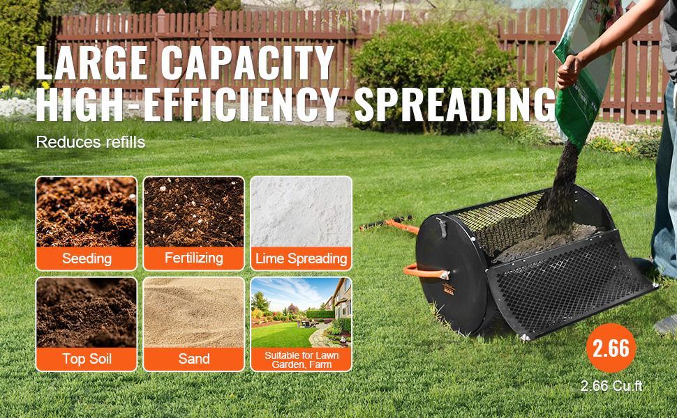 【Summervibes】VEVOR Compost Spreader with Upgraded 3-Height Adjustable T Shaped Handle,  24" Roller Lawn Spreader and Peat Moss Spreader, Steel Mesh Basket Garden Spreader with Side Latches, for Spreading Manure VEVOR Super Brand Day