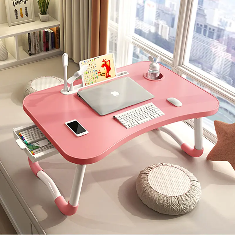 Eco-Friendly Multifunctional Foldable Computer Desk for Bedroom Bed - Portable Workstation with Cooling Fan, LED Light, 4 USB Ports, Cup Holder, Hidden Drawers