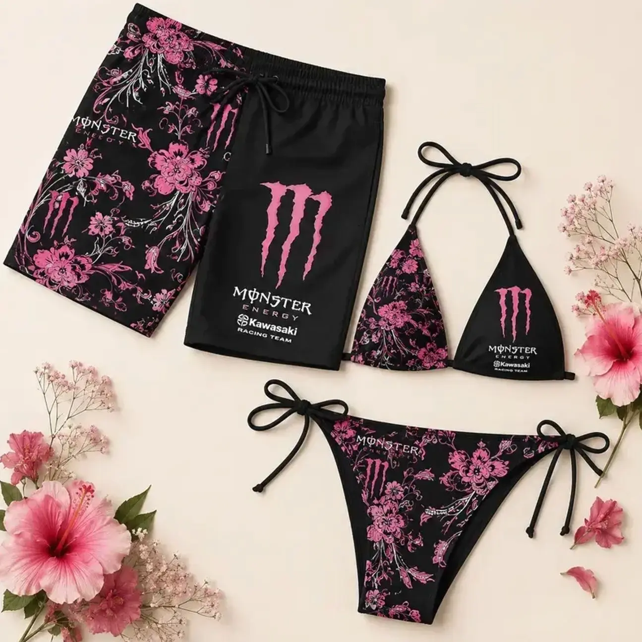 Matching Monste Floral Couple Swimwear Sets - Women's Swim Bra & Tie-Side Thong Bikini, Men's Beach Shorts, Summer Vacation Hawaiian Sports Swimwear