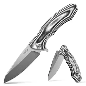 A folding knife with a black-and-white striped handle and a sharp stainless steel blade; cuts quickly—a multifunctional outdoor sports tool and an ideal gift for outdoor enthusiasts.