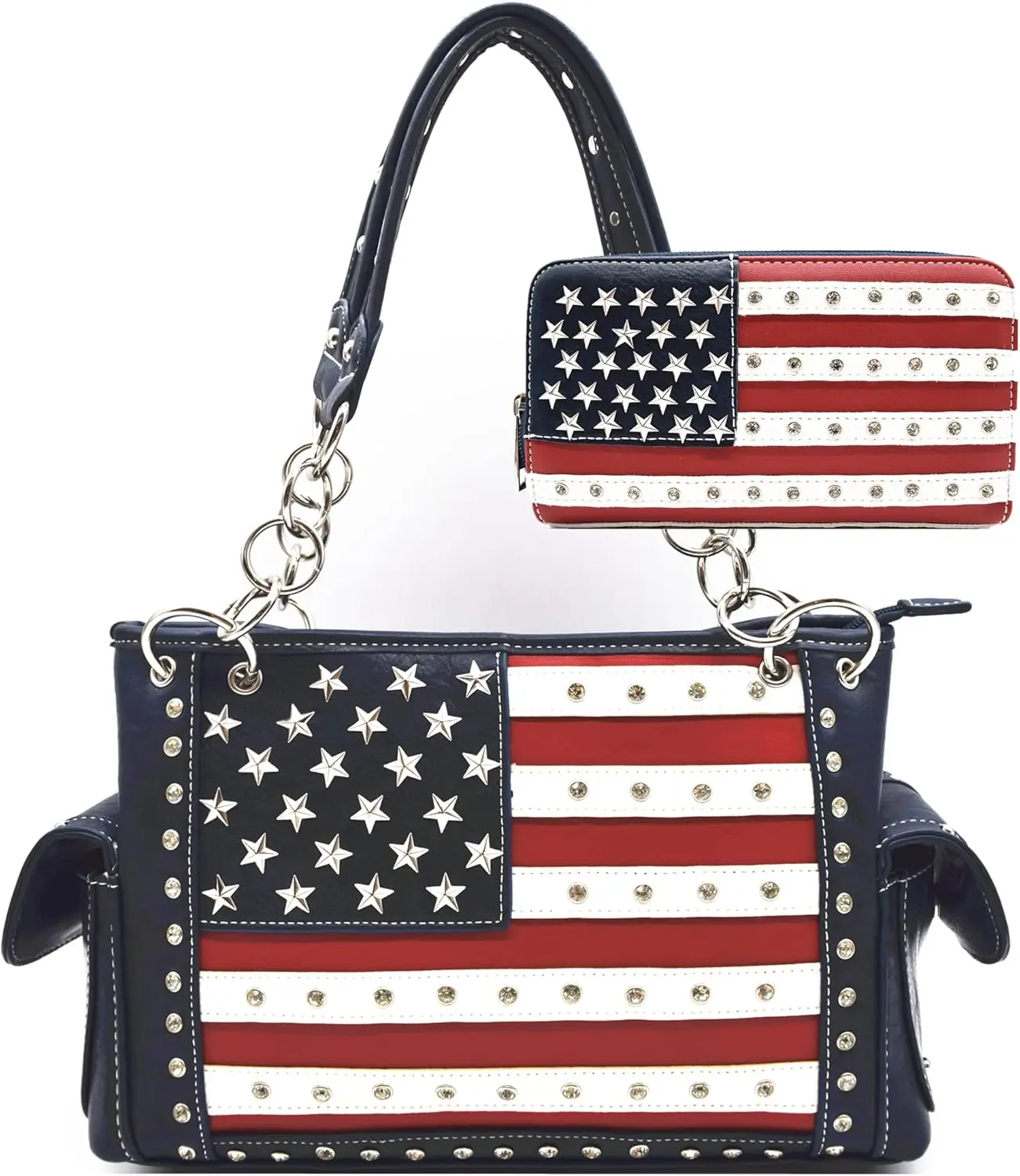 Women’s leather wallet set featuring an American flag pattern and rhinestone accents; country-style handheld purse/wallet combo with red, white, and blue color scheme.