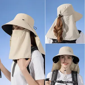 Women's outdoor cycling sun hat for spring and summer, detachable face mask, sun protection hat, wide brim, shawl, neck protector, fisherman hat.