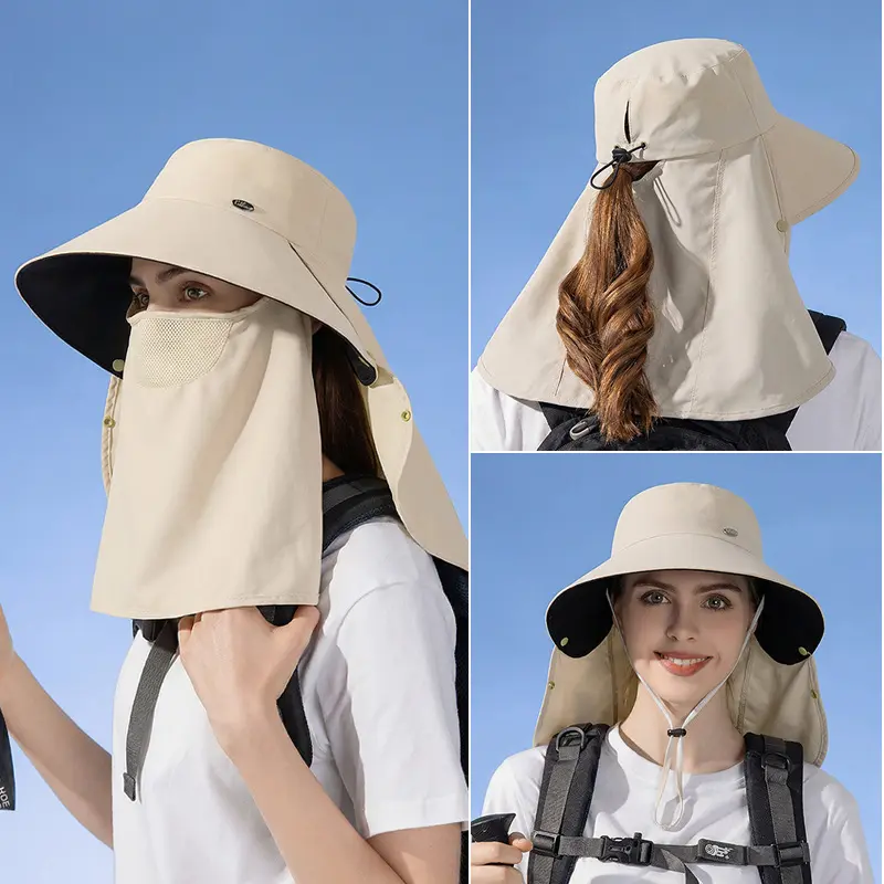 Women's outdoor cycling sun hat for spring and summer, detachable face mask, sun protection hat, wide brim, shawl, neck protector, fisherman hat.