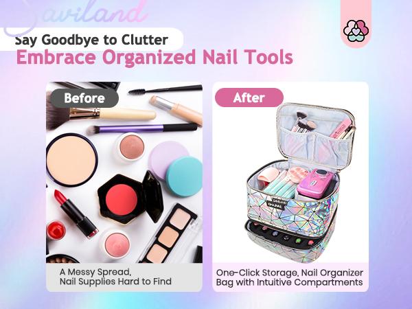 SAVILAND Nail Polish Organizer Bag: PU Leather Nail Storage Case Holds 30 Bottles & Nail Lamp, Holographic Nail Supply Organizer for Nail Polish Tools Nail Tech SAVILAND Nail Polish Organizer Bag: PU Leather Nail Storage Case Holds 30 Bottles & Nail Lamp, Holographic Nail Supply Organizer for Nail Polish Tools Nail Tech