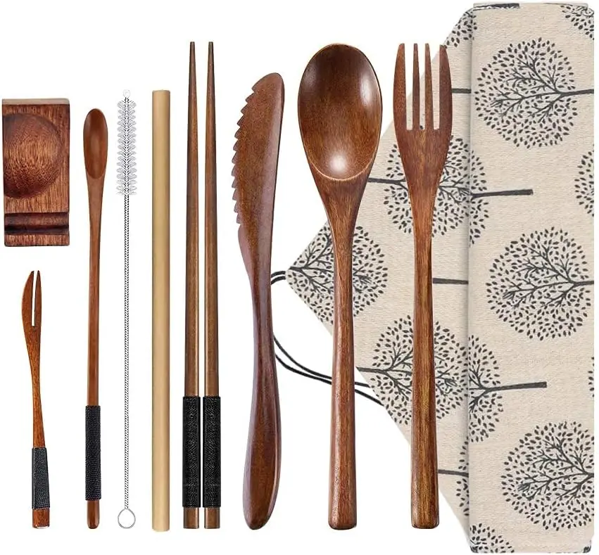 Wooden Utensil Flatware Set Reusable, 10 PCS Wooden Spoon and Fork Set Bamboo Flatware Set with Wooden Knife, Fork,Spoon, Chopsticks, Straws and Brush
