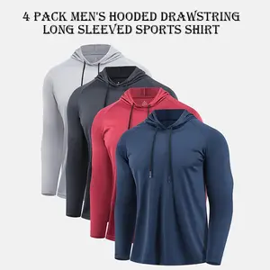 Veldtholos Men's 4pcs Hoodie Long Sleeve Shirts Solid Color Quick-Dry Breathable Sweat-Wicking Sports Top with Pull Rope for Casual & Sports Wear,