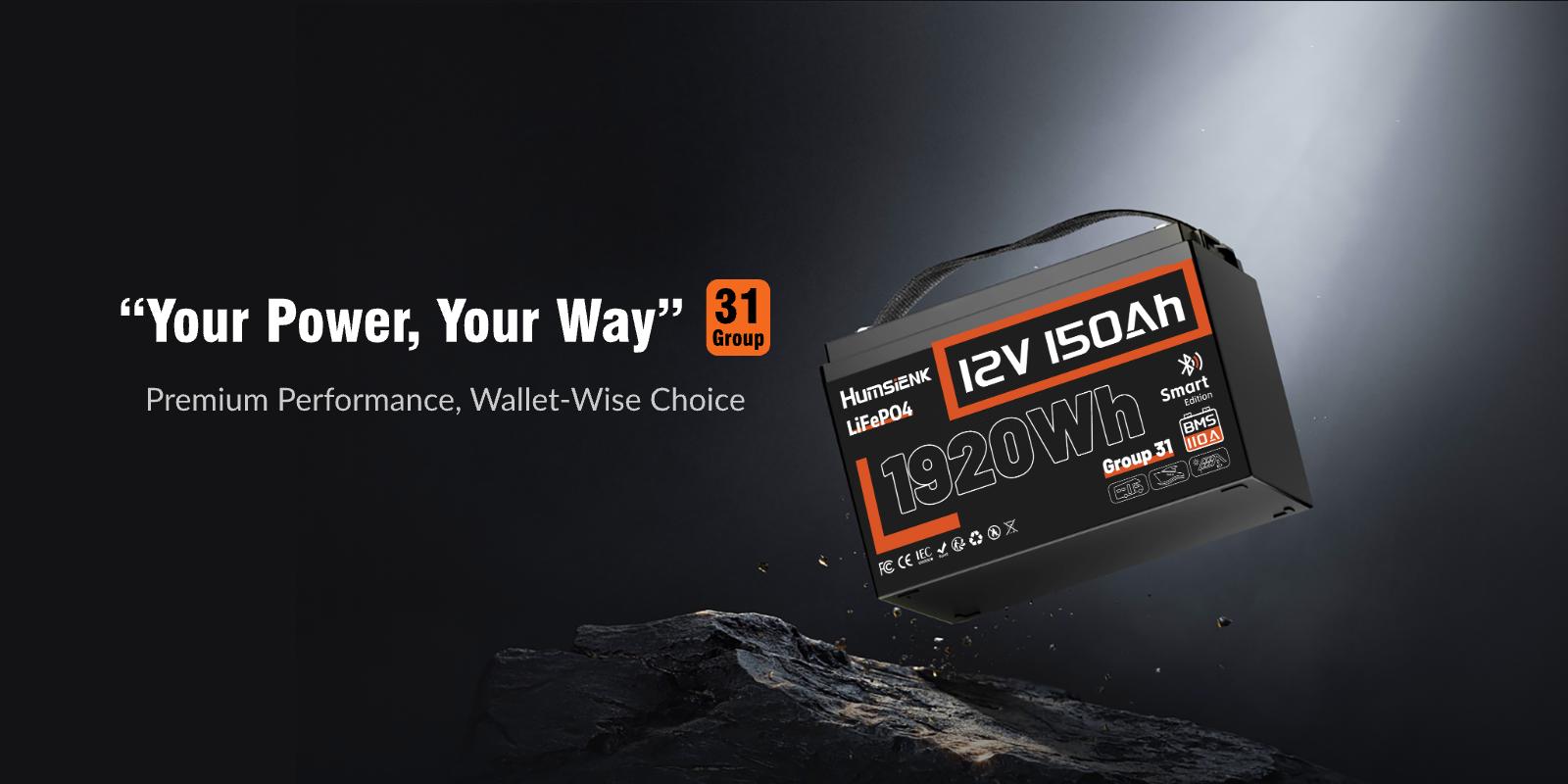 HumsiENK 12V 150Ah LiFePO4 Battery, Group 31, 15000+ Deep Cycles, Lithium Iron Phosphate Battery, Built-in 110A BMS, Portable Power Station for Home Backup Power, RV, Marine, Trolling Motors