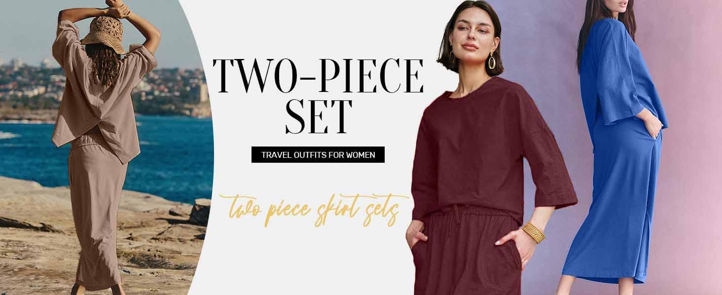 Ommig Womens 2 Piece Outfits Spring& Summer Skirt Sets Oversized 3/4 Sleeve Top and Maxi Skirt with pockets Vacation Matching Lounge Set