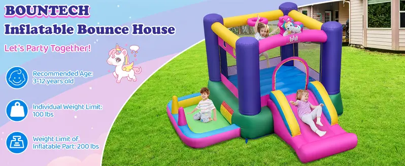Costway Inflatable Bounce House with Ball Pit, Bouncy House for Kids Indoor Outdoor w/Basketball Hoop, 480w Blower, Mini Bounce House with Slide for Boys Girls Backyard Birthday Party Gifts